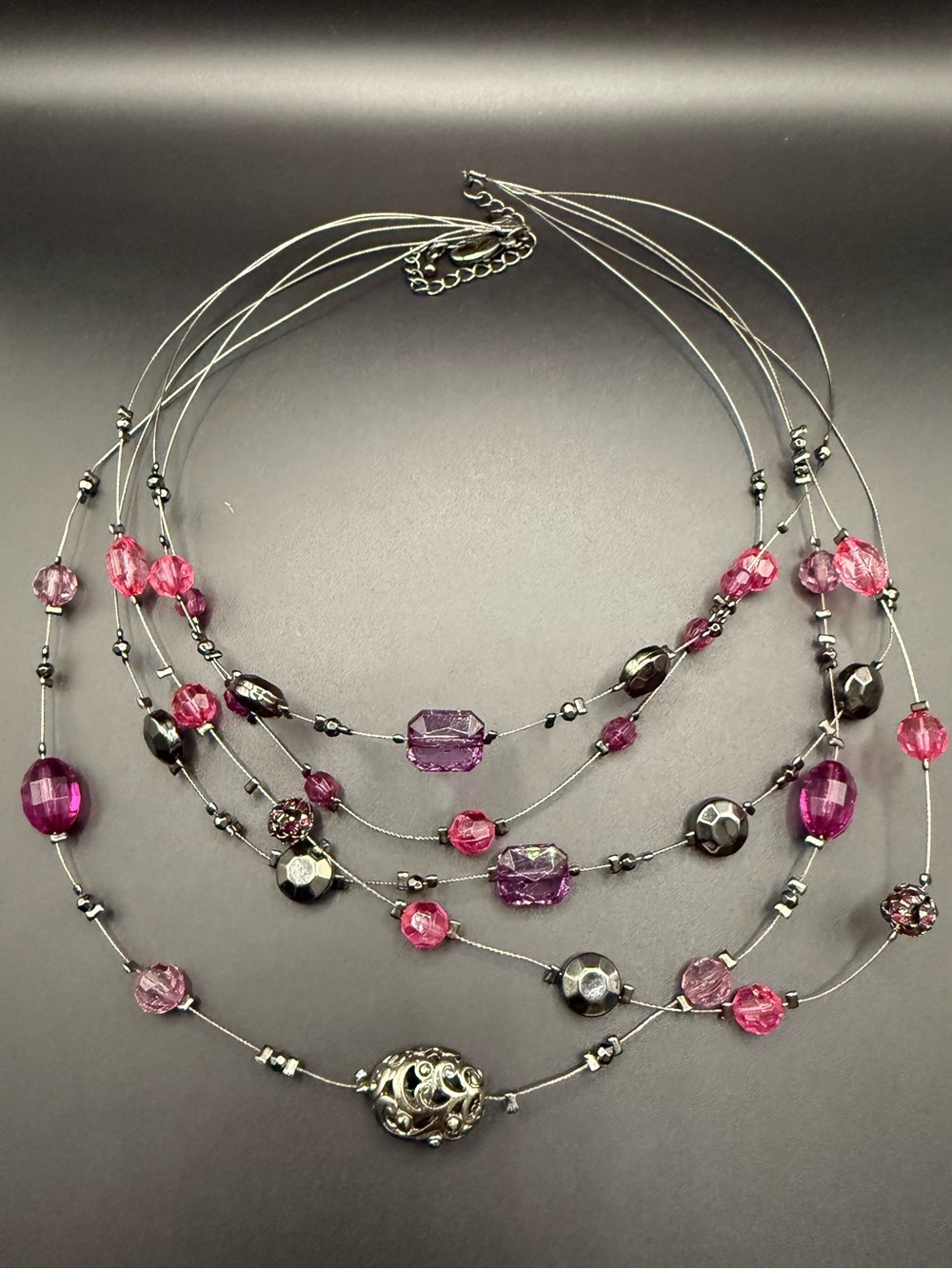 NY & Co Multi-Strand Pink and Silver Tone Beaded Layered Statement Necklace